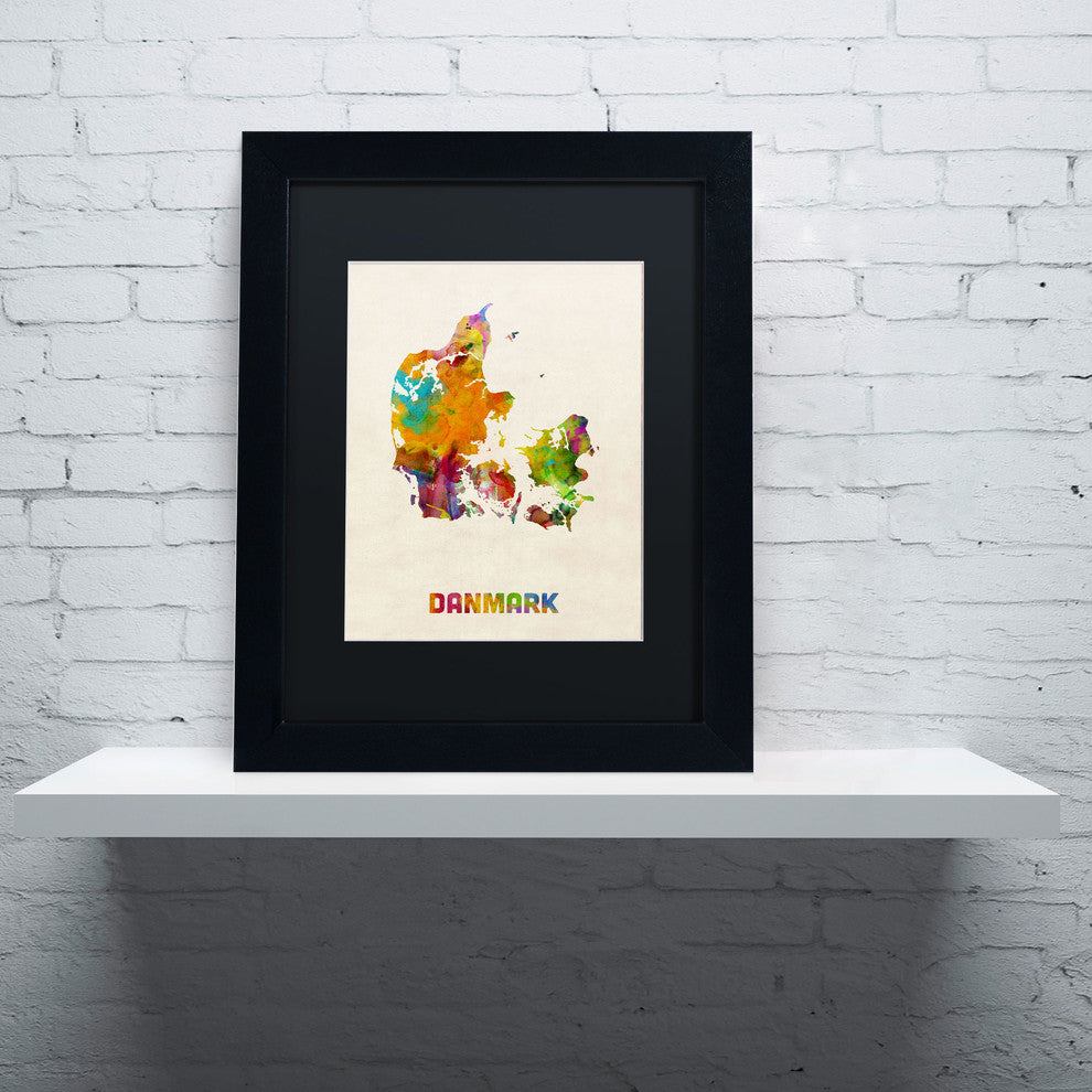 'Denmark Watercolor Map' Matted Framed Canvas Art by Michael Tompsett
