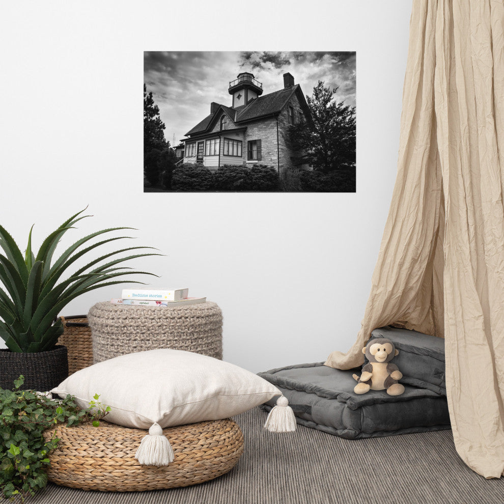 Cedar Point Lighthouse in Black and White Unframed Wall Art Prints, 24" X 36"