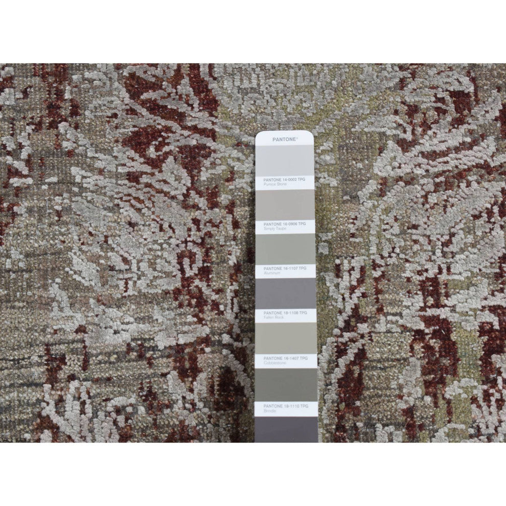 Gray, Erased Tulip Design Silk With Wool Hand Knotted Runner Rug, 2'6"x9'10"