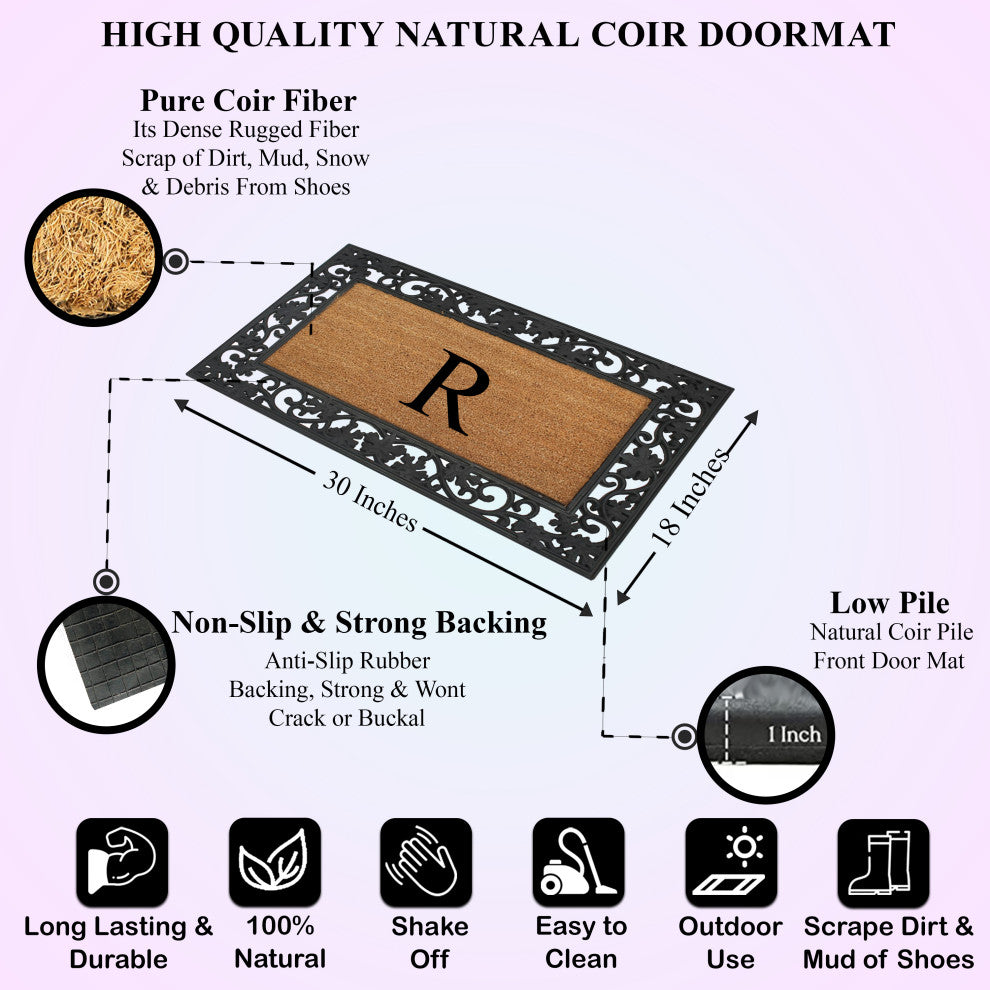 A1HC Floral Border Black 18x30 Rubber and Coir Heavy Duty Monogrammed Doormat, R
