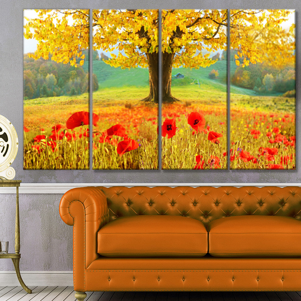 Beautiful Autumn Yellow Tree, Floral Canvas Art Print, 48"x28", 4 Panels
