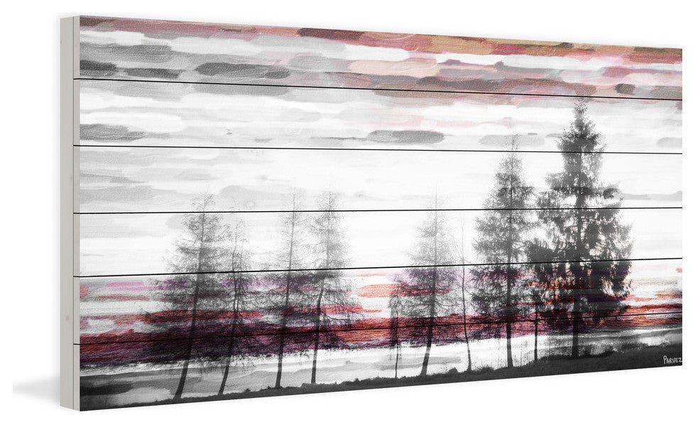 "Red Behind the Trees" Print on White Wood, 60"x30"
