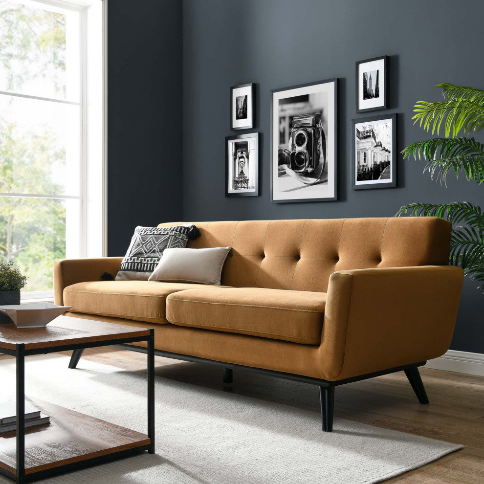 Sofa, Brown, Velvet, Modern, Mid Century Living Hotel Lounge Cafe Lobby
