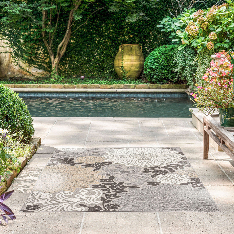 Omalley Modern Floral Area Rug, Beige & Gray, 8'10" X 12'2"