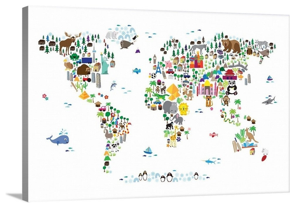 Animal Map of the World for children, White Wrapped Canvas Art Print, 36"x2