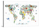 Animal Map of the World for children, White Wrapped Canvas Art Print, 36"x2