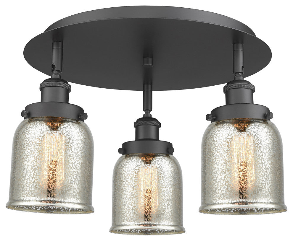 Bell-3 Light 17" Flush Mount-Matte Black, Silver Plated Mercury Glass Shade