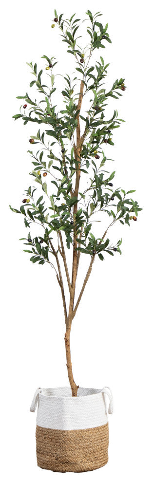 7ft. Artificial Olive Tree With Natural Trunk and Handmade Jute Basket