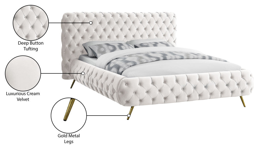 Delano Velvet Upholstered Bed, Cream, Queen