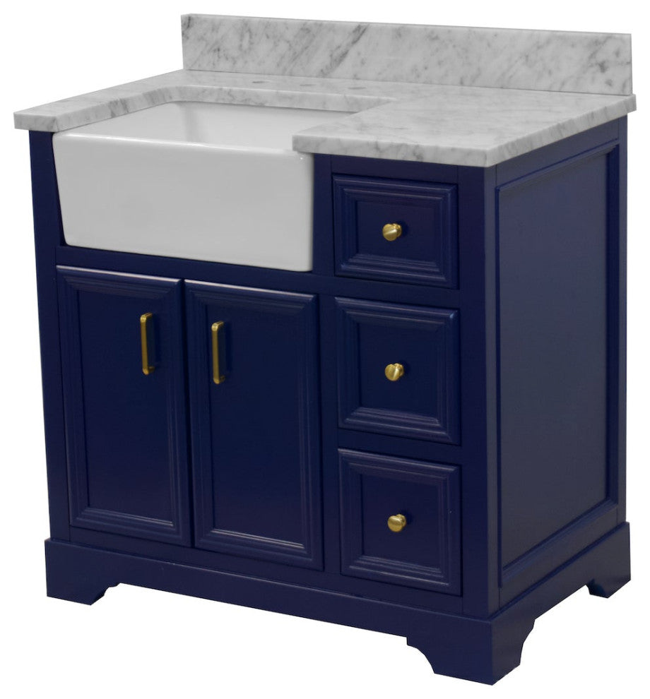 Zelda 36" Bathroom Vanity, Base: Royal Blue, Top: Carrara Marble