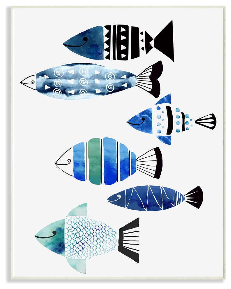 Collage Tropical Blue Green and Black Patterned Fish Wall Plaque Art, 10"x15"