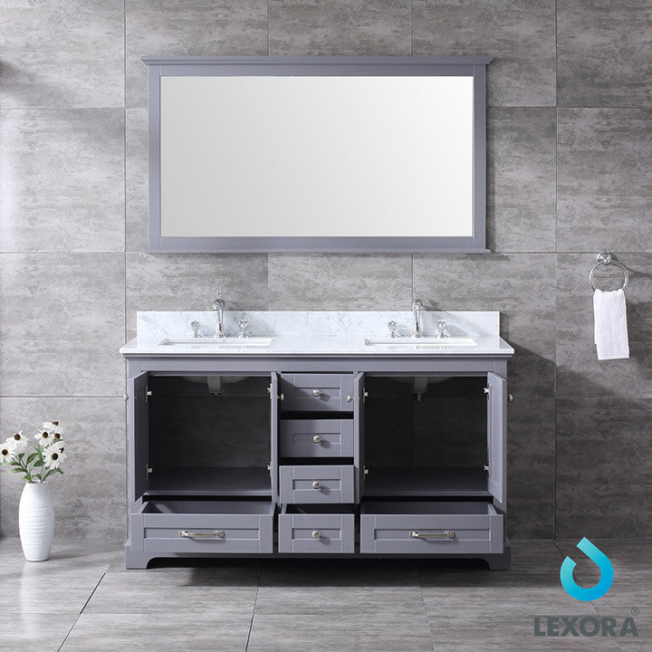 Dukes 60" Vanity, Wht Carrara Marble Top & 58" Mirror w/ Faucets, Dark Grey
