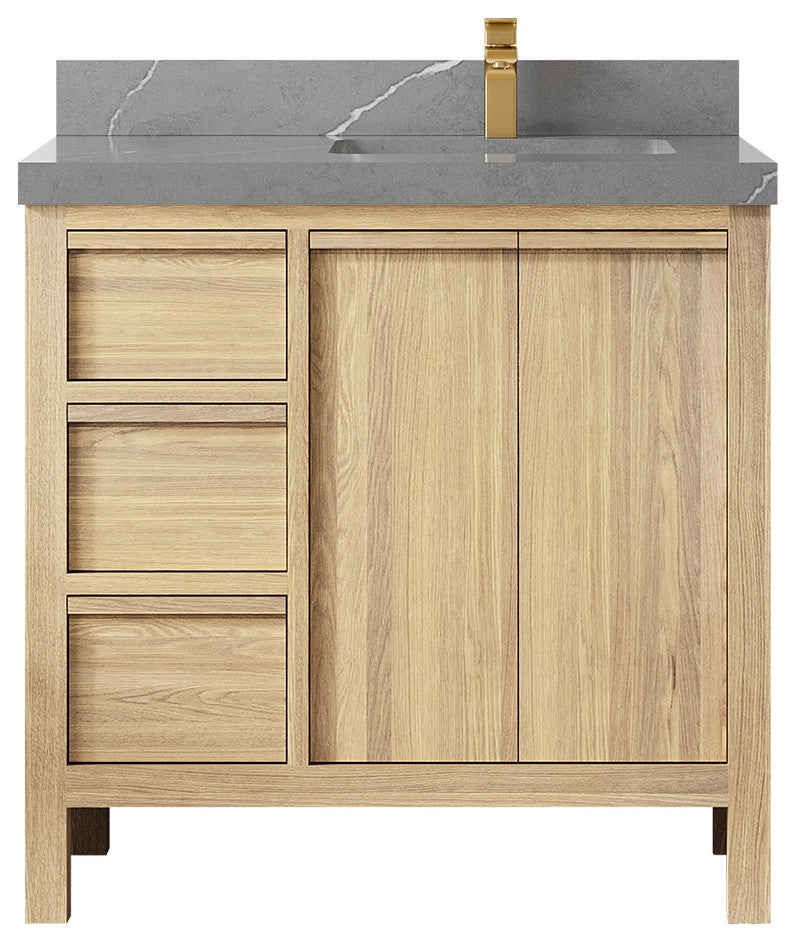 Elizabeth Oak 36" Right Offset Sink Vanity, White 2" Piatra Gray