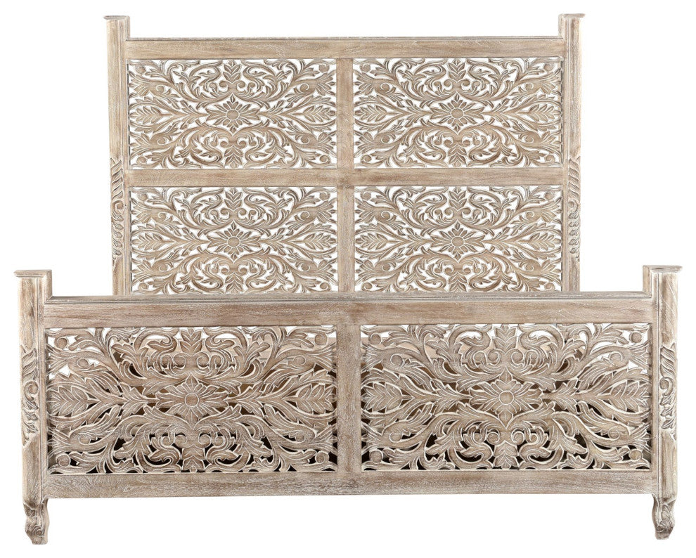 Delaney Floral Carved Bed, Limestone Gray, King