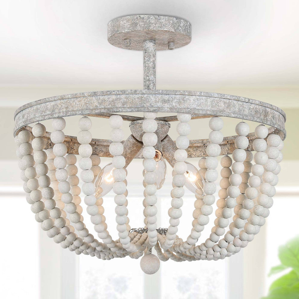 LNC 3 Light Vintage Beaded with White Wooden Beads, Semi-Flush Ceiling Light