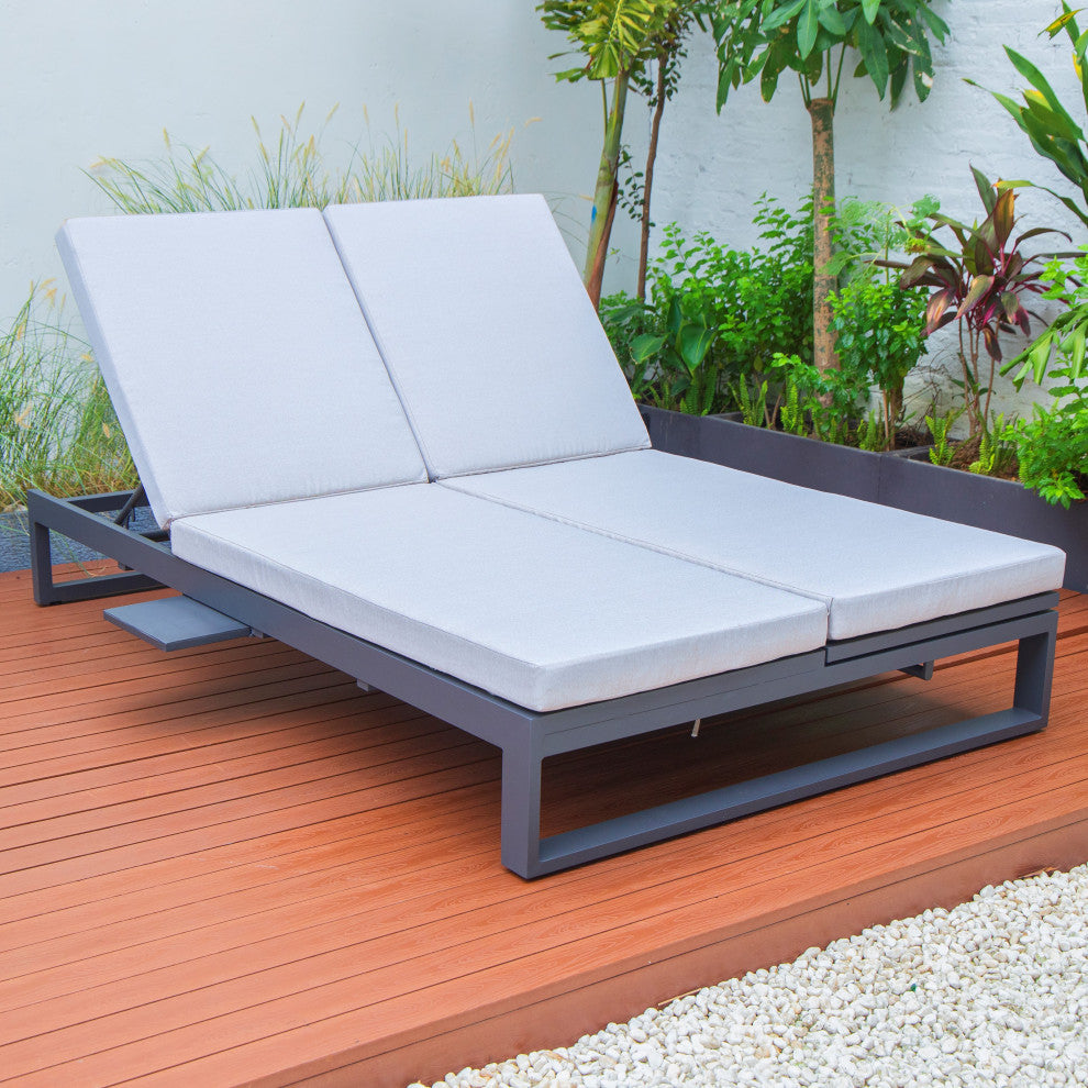 LeisureMod CLBL-82LGR Chelsea Convertible Reclining Double Chaise Grey Cushions