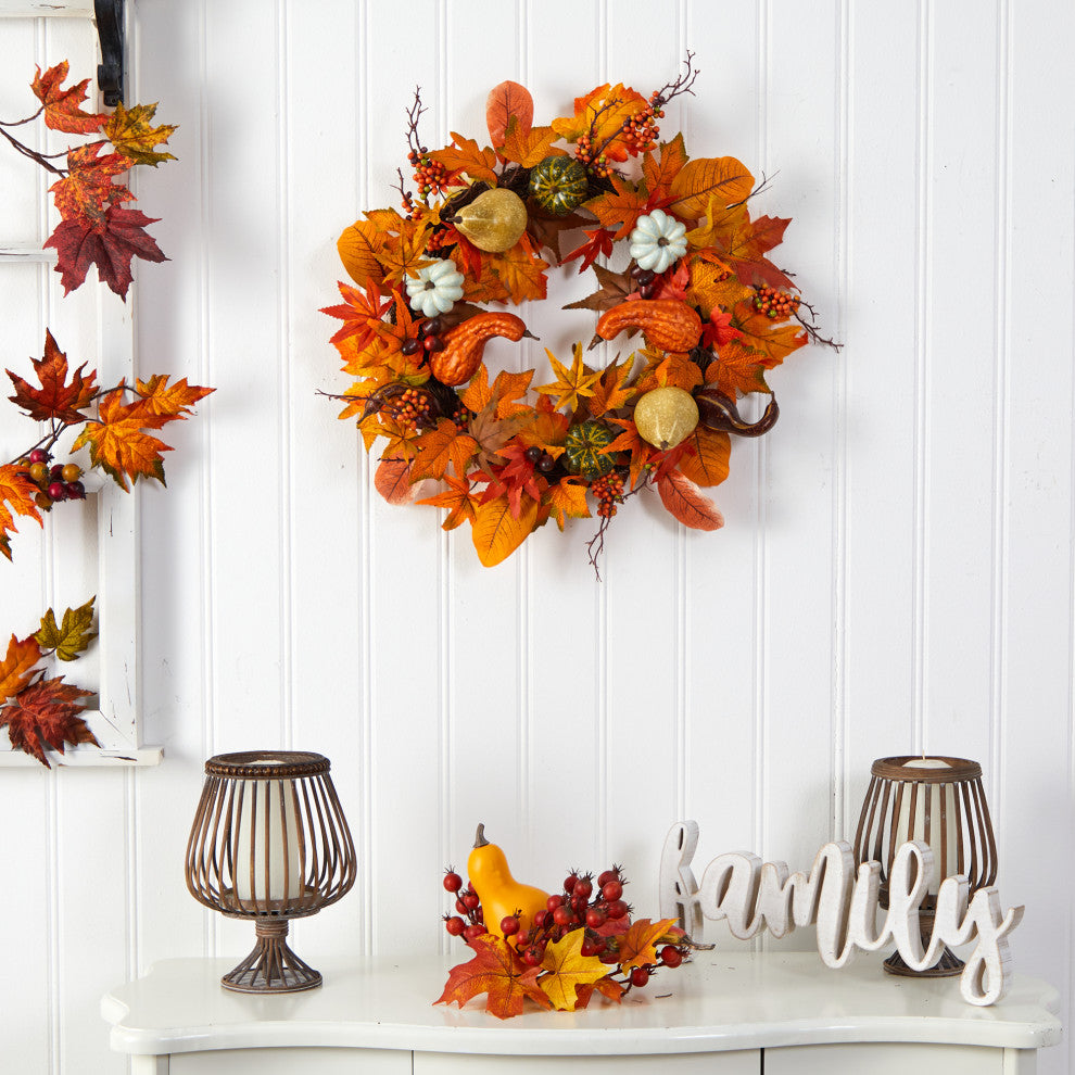 24" Autumn Pumpkin, Gourd and Berries, Assorted Colors Artificial Fall Wreath