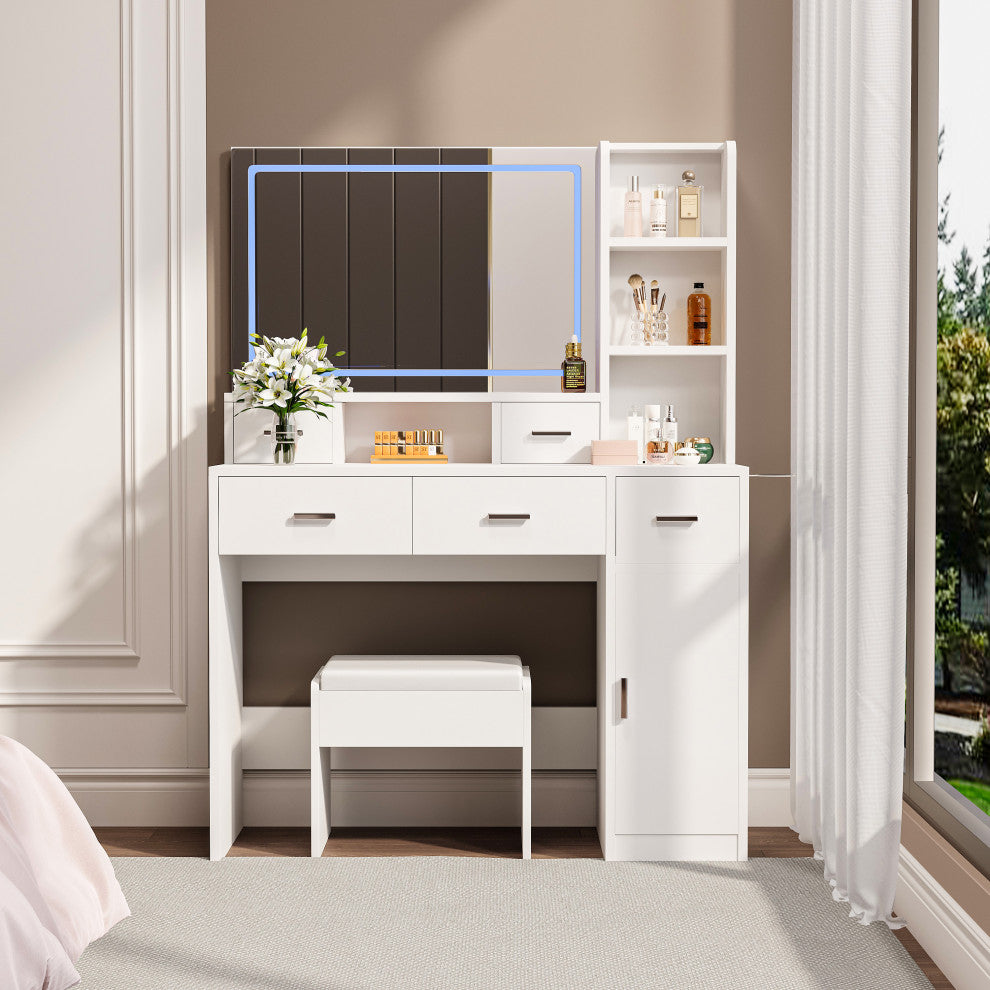 Gewnee Makeup Vanity Desk with LED Lighted Mirror, Drawers and Desk,White
