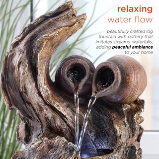 Alpine Two Jars on Tree Branch Tabletop Fountain With LED Light, 14" Tall
