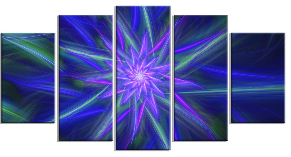 Shining Blue Exotic Fractal Flower, Floral Canvas Art Print, 60"x32", 5 Panels