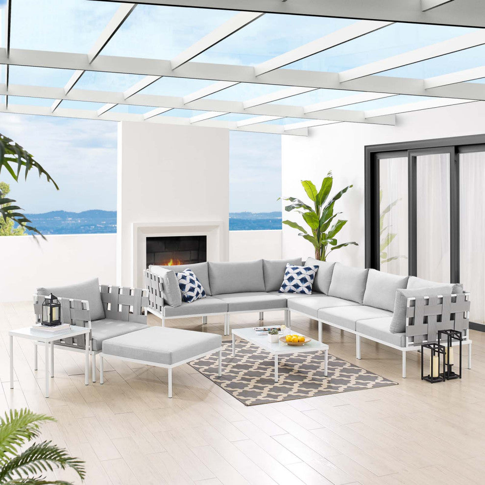 Lounge Sectional Sofa Chair Table Set, Sunbrella, Aluminum, Gray, Outdoor