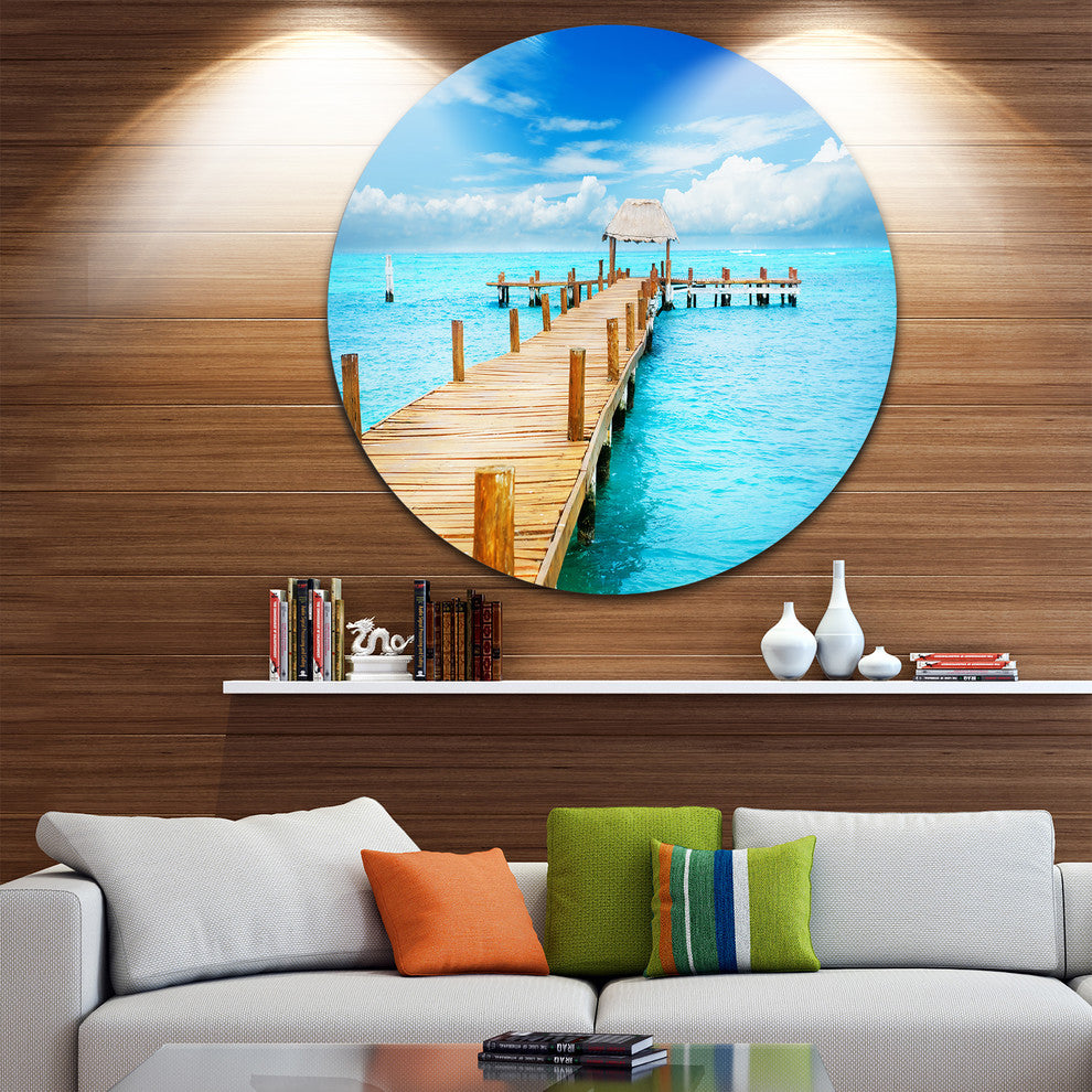 Tropic Paradise Jetty In Mexico, Seascape Photo Disc Metal Artwork, 38"