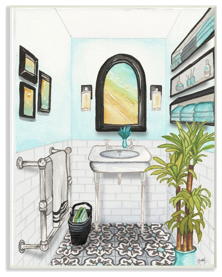 Bathroom Blue Watercolor Painting, 12"x18"