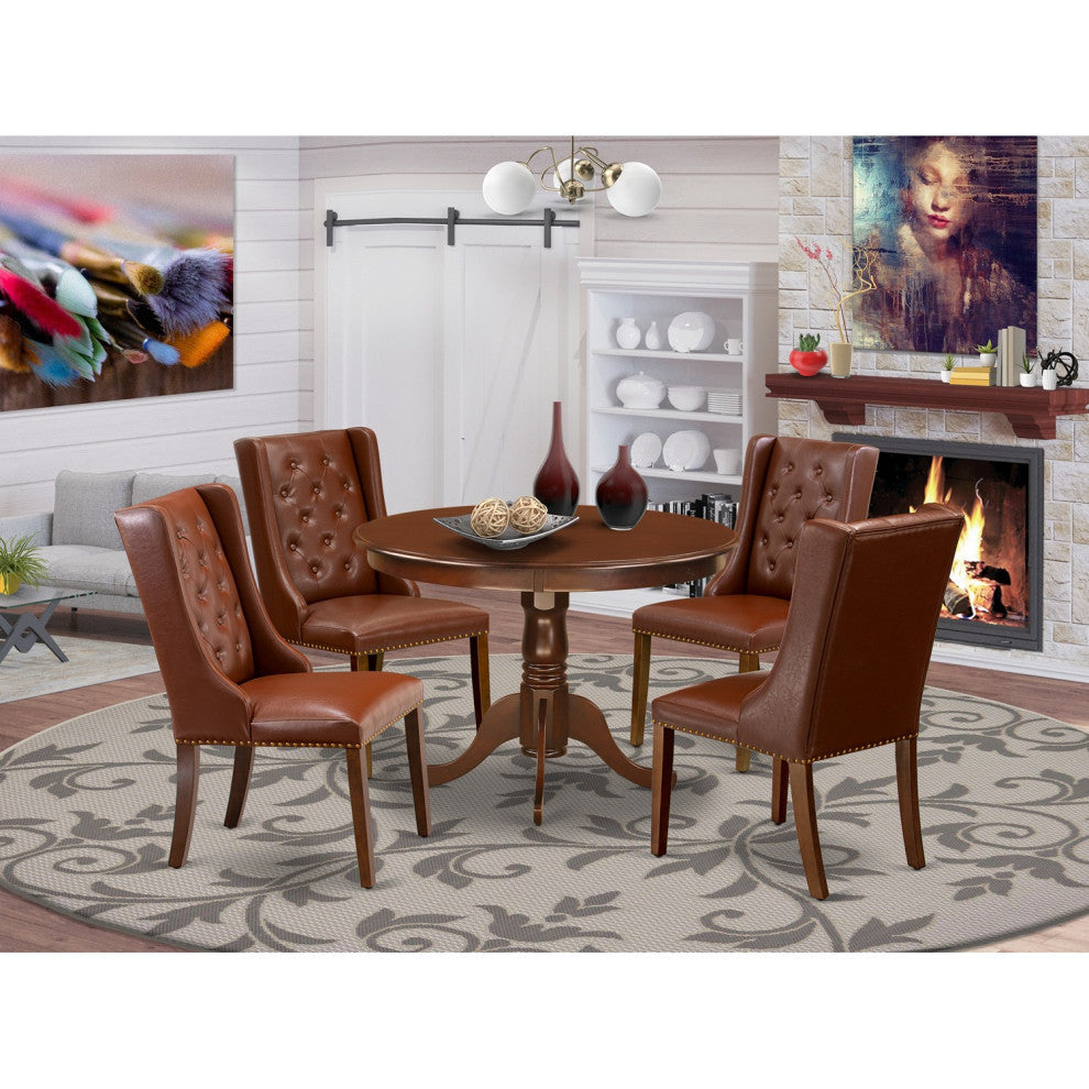 5Pc Dinette Set, 1 Round Table, 4 Brown Chairs, Mahogany Finish