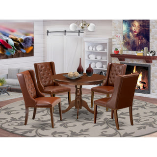 5Pc Dinette Set, 1 Round Table, 4 Brown Chairs, Mahogany Finish