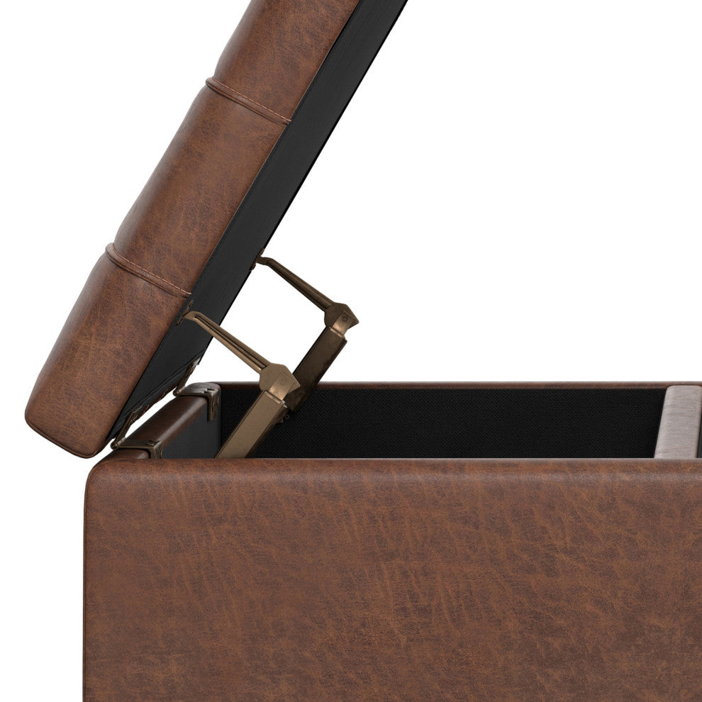 Laura Mid Century Lift Top Storage Ottoman, Distressed Saddle Brown