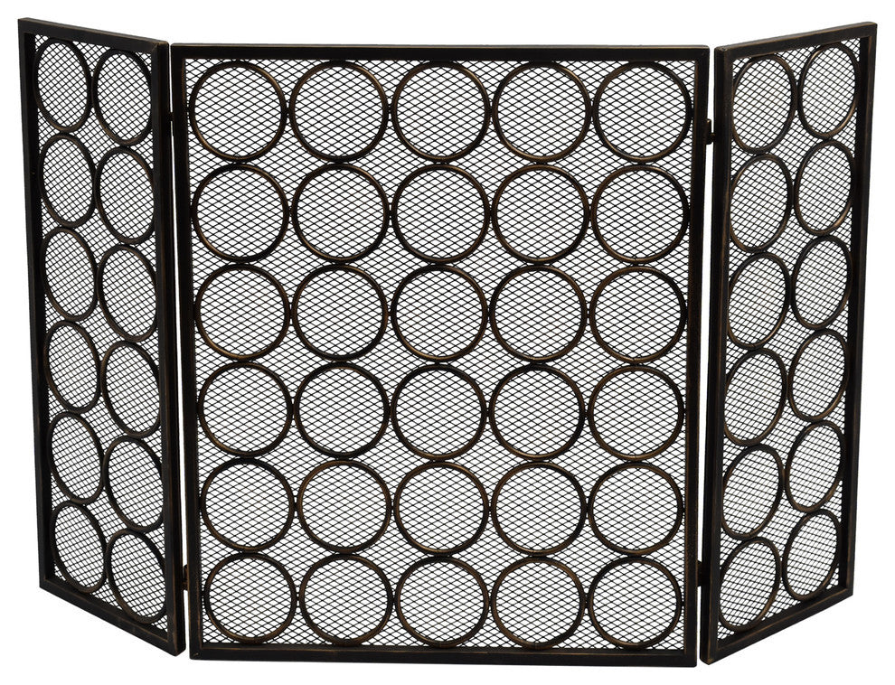 Koda Modern Three Panel Iron Firescreen, Black Gold