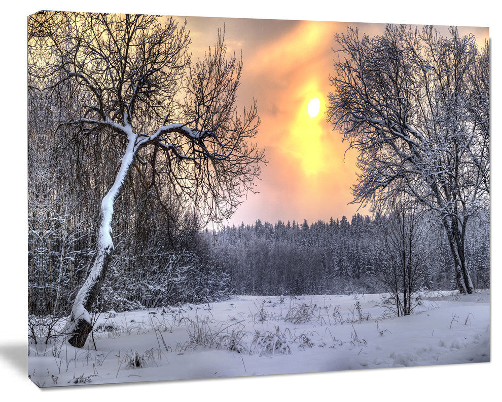 Winter Landscape with Yellow Sun, Landscape Canvas Art Print, 20"x12"