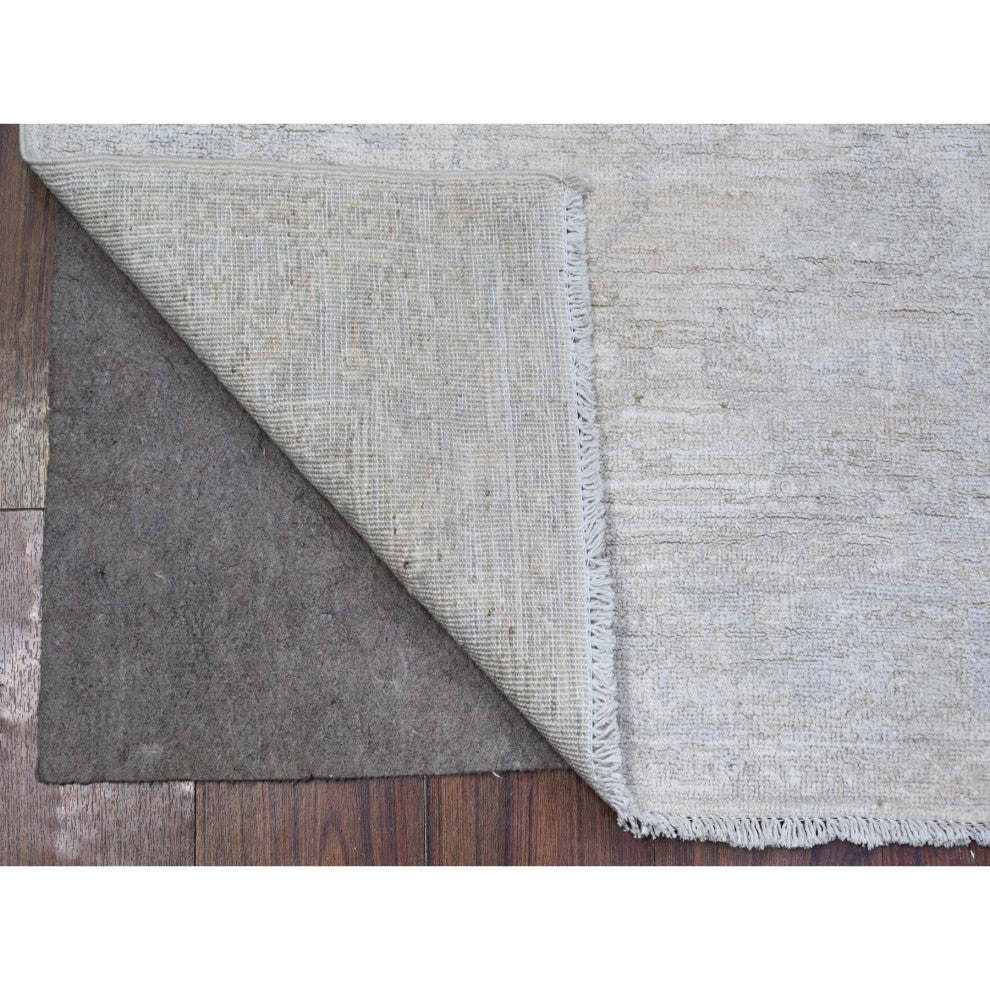 Ivory Washed Out Peshawar Faded Designs Wool Hand Knotted Rug, 3'10"x5'7"
