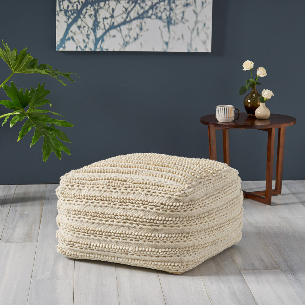 Marcia Boho Handcrafted Large Fabric Square Pouf, Ecru, Ecru