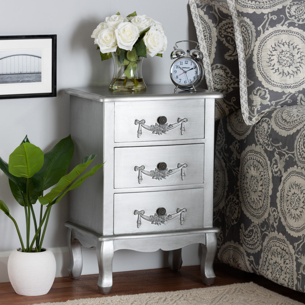 Callen Classic and Traditional Brushed Silver Finished Wood 3-Drawer Nightstand