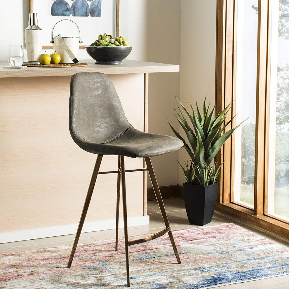 Mid Century Modern Counter Stool, Copper Finished Legs & Taupe Faux Leather Seat