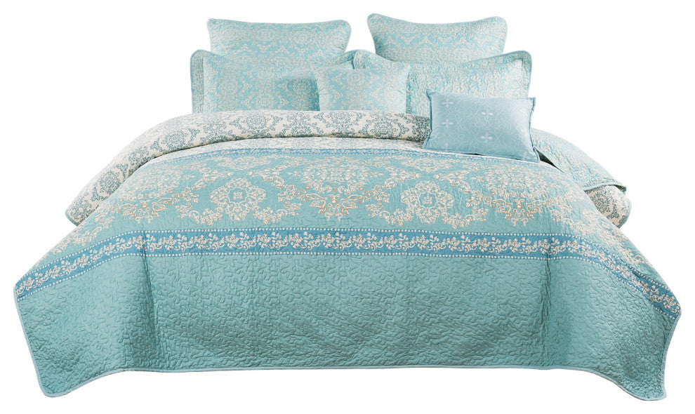 Mystic Quilted 7-Piece Bed Spread Set, Teal/Turquoise, Queen
