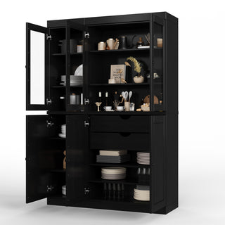 100% Solid Wood 48.5" Kitchen Pantry with Glass/Solid Doors, 2-Drawers, Black