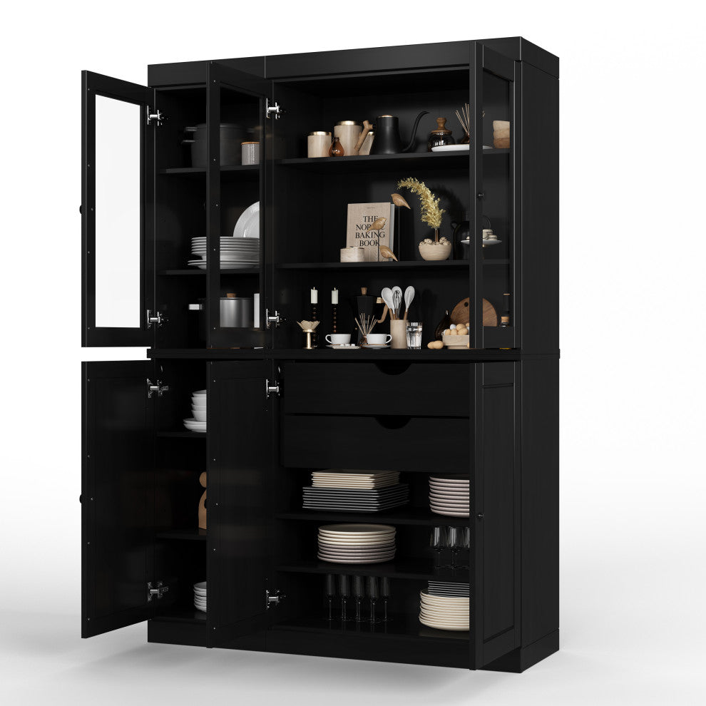 100% Solid Wood 48.5" Kitchen Pantry with Glass/Solid Doors, 2-Drawers, Black