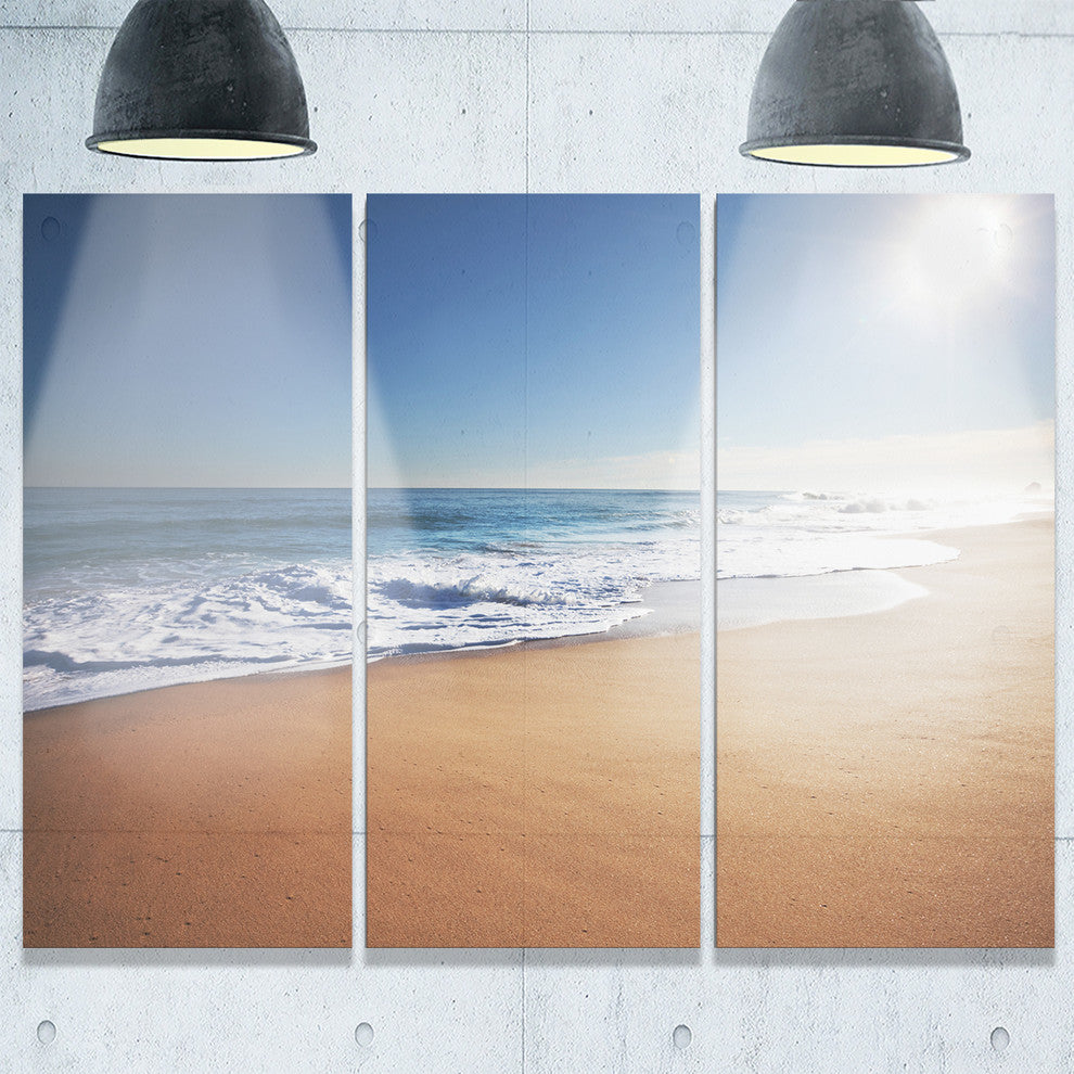 "Calm Blue Seashore With White Sun" Metal Wall Art, 3 Panels, 36"x28"