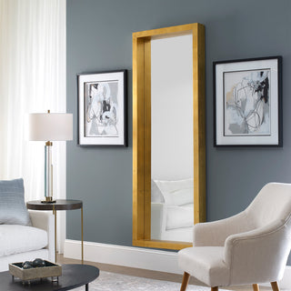 Uttermost Edmonton Contemporary Pine Wood Leaner Mirror in Gold