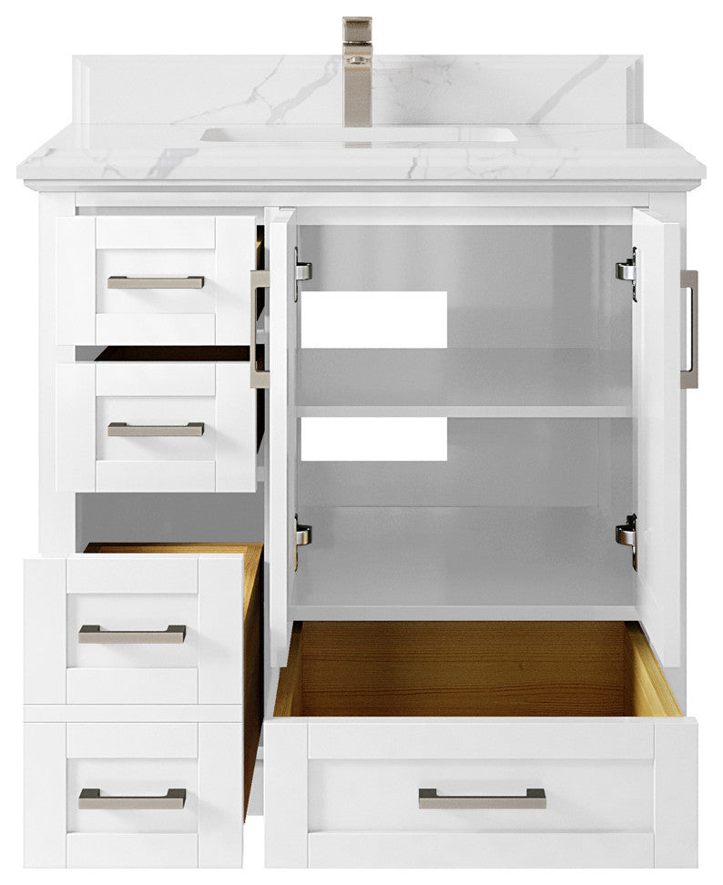 Boston 36 Center Sink Bath Vanity in White 1.5" Calacatta Laza