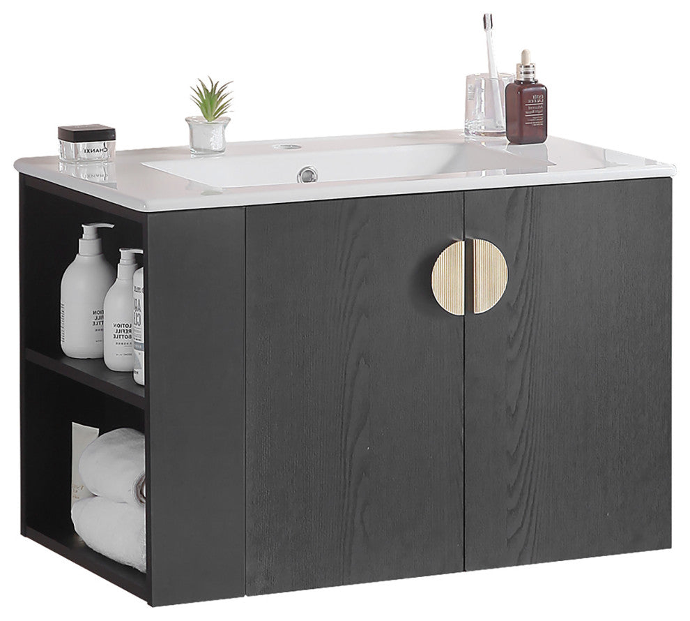 30 Inches Plywood Wall-Mounted Bath Vanity Set, Integrated Ceramic Sink, Black