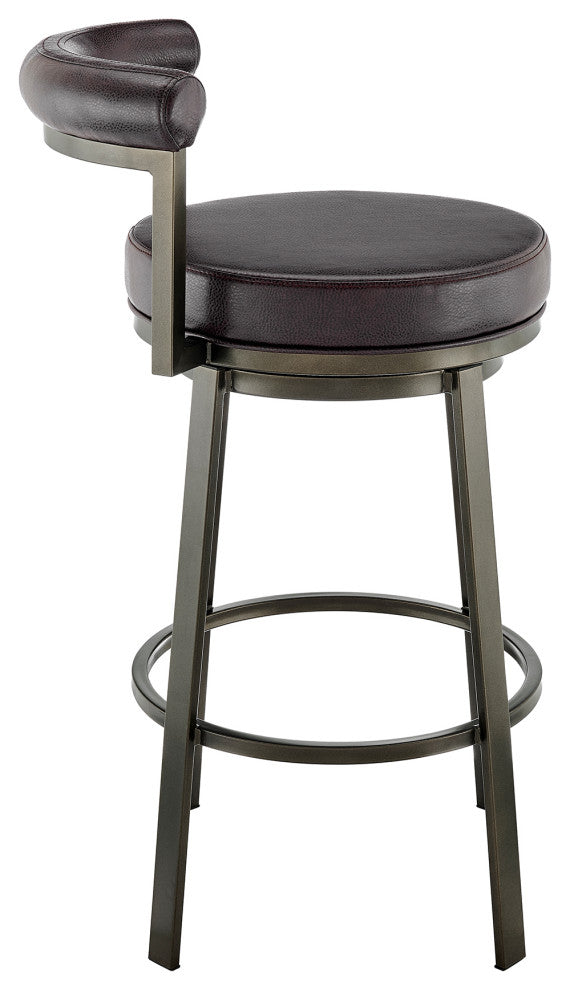 Neura Swivel Stool in Mocha Finish With Brown Faux Leather, 30"