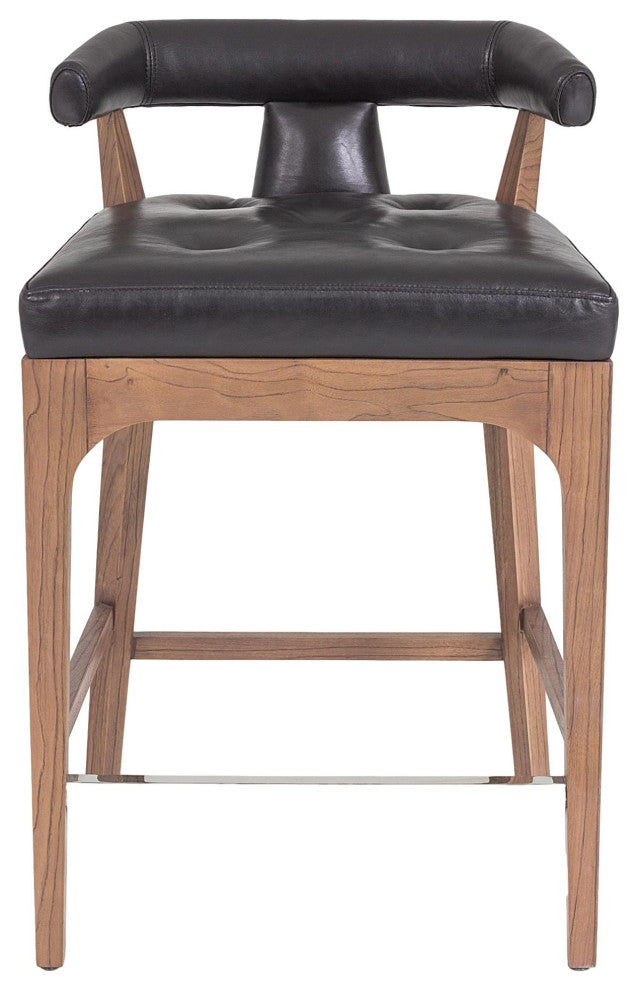Luxe Sleek Contemporary Black Leather Bar Stool 32" Open T Back Walnut Wood