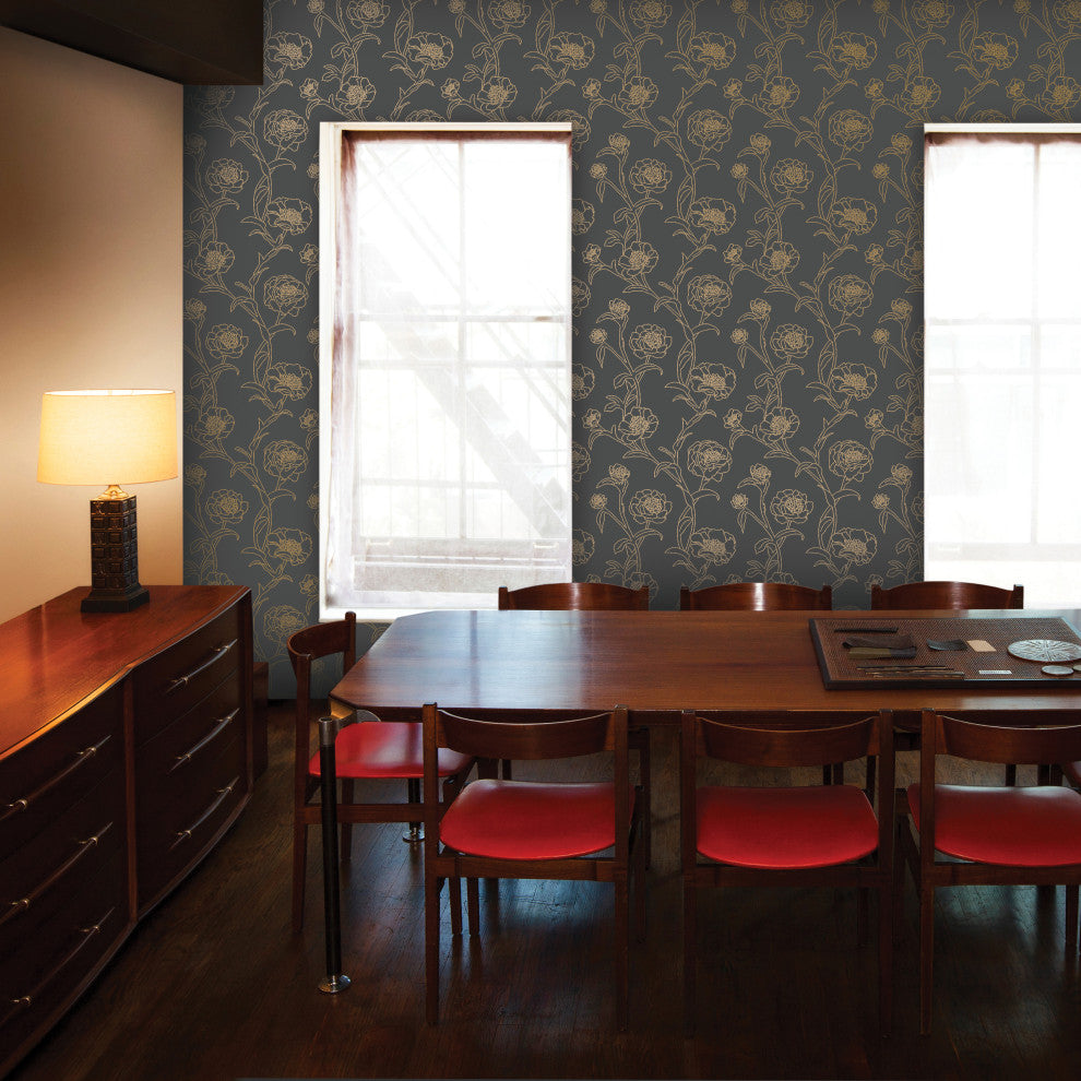 Peonies Peel and Stick Wallpaper, Noir