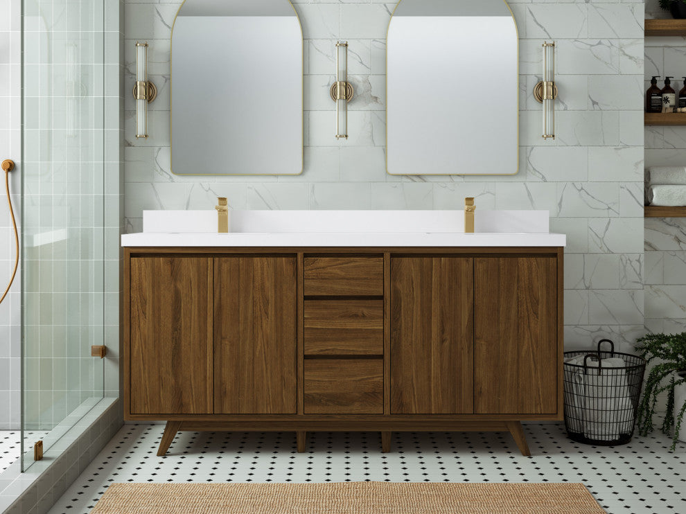 Madison Teak 72 Double Sink Bath Vanity in Dark Natural 2" White Quartz