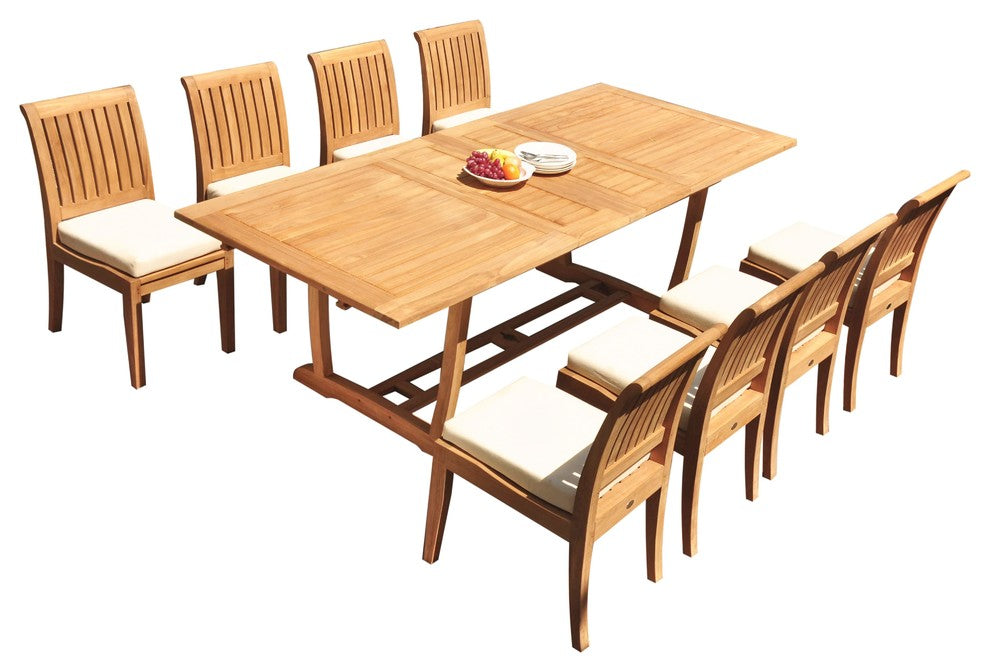 9-Piece Outdoor Teak Dining: 94" Masc Rectangle Table, 8 Lagos Armless Chairs