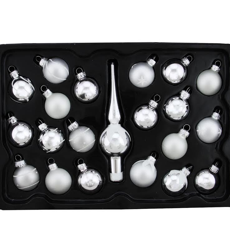 21-Piece Glitter Mini And Tree Topper Christmas Ornament Set, Silver
