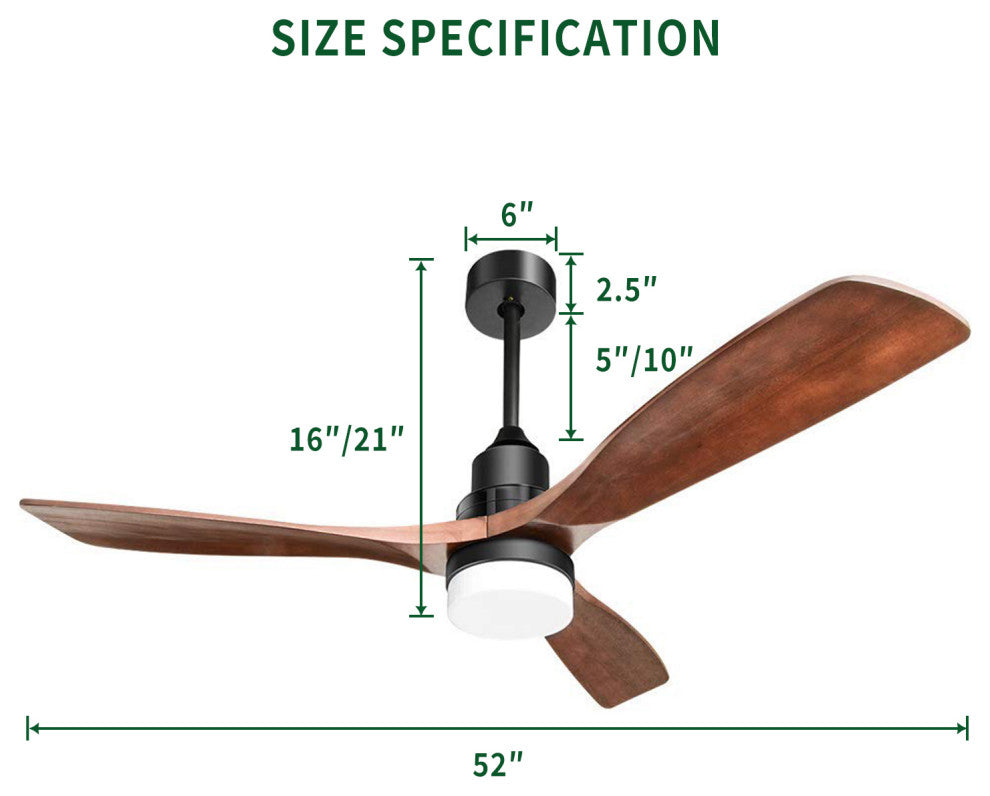 52" Solid Wood Ceiling Fan and Remote Control Reversible Blades, Matte Blck